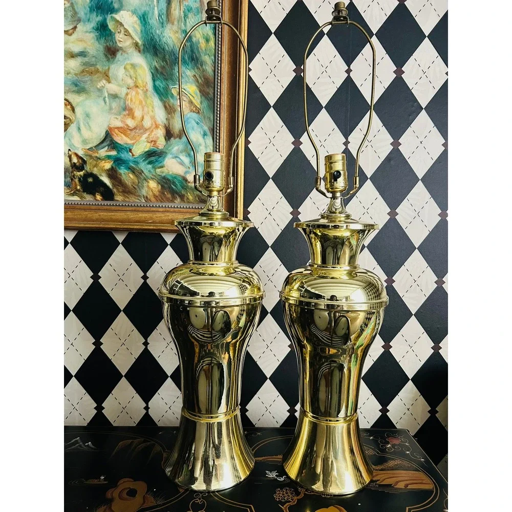 Pair Gold Tone Metal Table Lamps Polished Pedestal Vintage Lighting